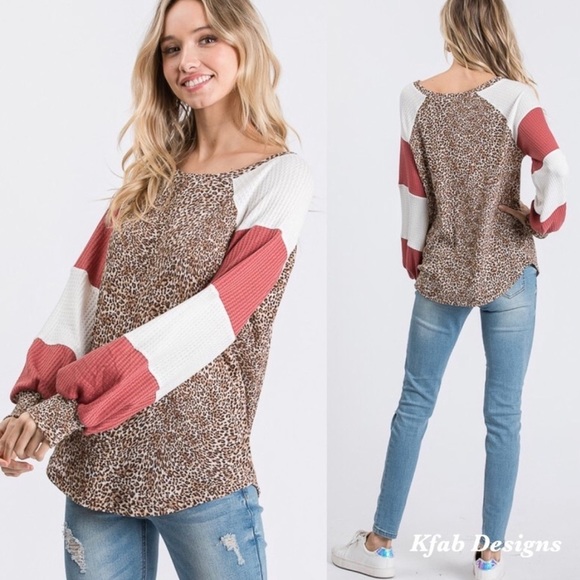 New! Clearance 🔥Waffle Animal Print Cuff Raglan Sleeve Top - Picture 6 of 8